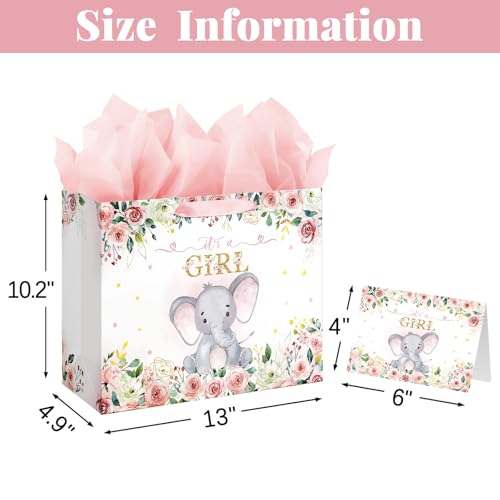 Laidans 13" Large Baby Shower Birthday Gift Bag for Girl with Tissue Papers and Card Pink Floral Elephant Design with Hand...
