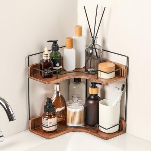 Snuvid 2-Tier Bathroom Counter Organizer, Wooden Corner Shelf for Vanity Countertop Skincare & Makeup, Storage and Organiz...