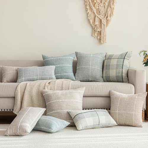 vctops Rustic Lattice Cotton Linen Decorative Throw Pillow Cover Embroidery Square Cushion Cover Pillowcase for Sofa Bedro...