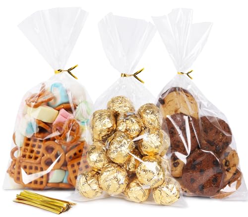SUREHOME Cellophane Bags, 100 Pack Clear Gift Bag Cellophane Treat Bags with Ties 6x10 Inch Plastic Small Cello Candy Bag ...