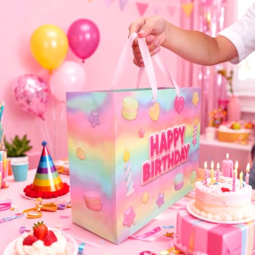 Vodolo 13” Happy Birthday Gift Bags with Tissue Paper Wrapping Paper and Card,Pink Gift Wrap Bags with handles for Women,G...