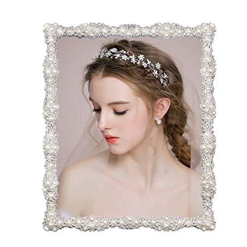 DIKAR 8x10 Picture Frame with Pearl for Wedding, Silver Plated with HD Acylic Finish Photo Frames with Rhinestones for Hor...