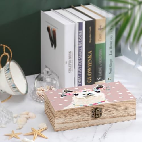 Ntyfur Alpaca Llama with Floral Crown Jewelry Box Wooden Rustic Keepsake Organizer with Front Clasp for Jewelry, Crafts & ...