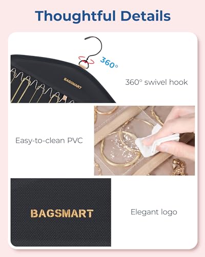 BAGSMART Hanging Jewelry Organizer with Hanger Metal Hooks Double-Sided Jewelry Holder for Organizing Earrings Necklaces R...