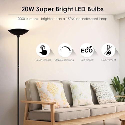 BoostArea Floor Lamp/Standing Lamp, 20W 2000LM LED Torchiere Lamp, Stepless Dimmable, Touch Control, 3000K Daylight, 50000...