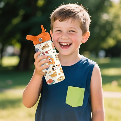 Cat Gifts for Kids - 16 Oz Orange Cat Water Bottle with Straw Lid, Stainless Steel Insulated Tumbler, Leak Proof, for Boys...