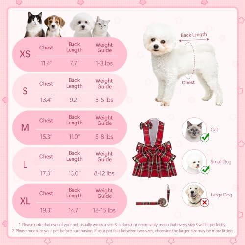 Plaid Dog Dresses for Small Dogs Girl Bowknot Harness Leash Set, Cute Small Dog Dress Harness Dogs Cat Clothes Female with...