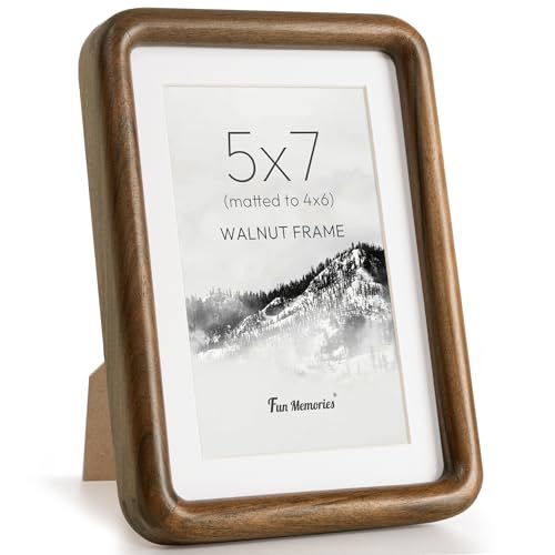 Fun Memories 5x7 Picture Frame, Solid Walnut Wood Frame with Real Glass, Hard Wood 5 by 7 Photo Frame for Wall & Tabletop ...