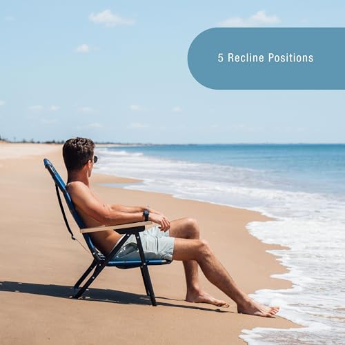 CleverMade Kove Twilight Blue Beach Camping Chair, Hands Free Carrying Strap + Real Wood Handles & 2 Cup Holders, Foldable...