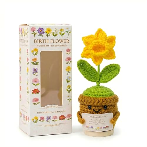 Xulvrax May Birth Flower Lily of the Valley Crochet Potted Plant Gift, Handmade Style with Wooden Base, Meaningful Birthda...