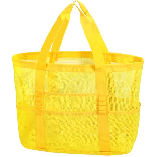 KPX Mesh Beach Bag, Large Beach Tote Bags for Women Foldable Mesh Swimming Pool Bag with Mini Pockets - Sandproof, Waterproof