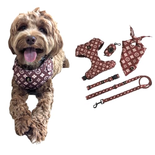Adjustable Dog Harness, Leash, Poop Bag Holder/Dispenser and Bandana Set, No Pull, Soft Mesh Padded, for Small/Medium Dog...