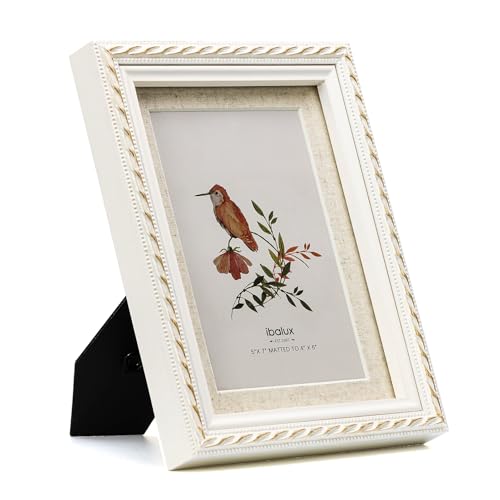 ibalux 5x7 Picture Frame Pine Wood with Real Glass, Gold-Toned Synthetic Rope Edging, Linen Matted to 4x6, Vertical and Ho...