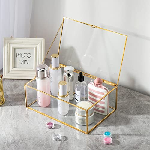 WHSLILR 10.8” Glass Jewelry Box Gold Card Box with Hinged Lid, Gold Keepsake Box for Storage Wedding Card, Trinkets, Photo...