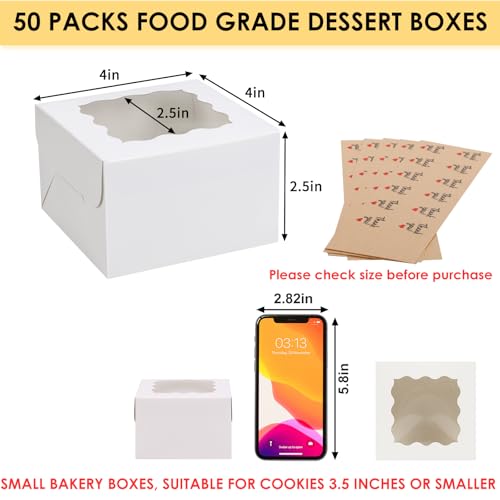 Moretoes 50pcs White Cookie Boxes with Window, 4x4x2.5 Inches Bakery Boxes with 5pcs Stickers for Small Cookies, Treats, D...