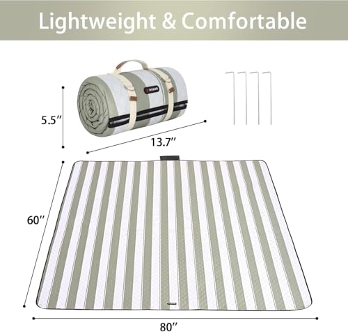HX&OD Outdoor Picnic Blanket Extra Large, 80''*60'' Waterproof Picnic Mat with Stakes Foldable Camping Blanket Portable wi...