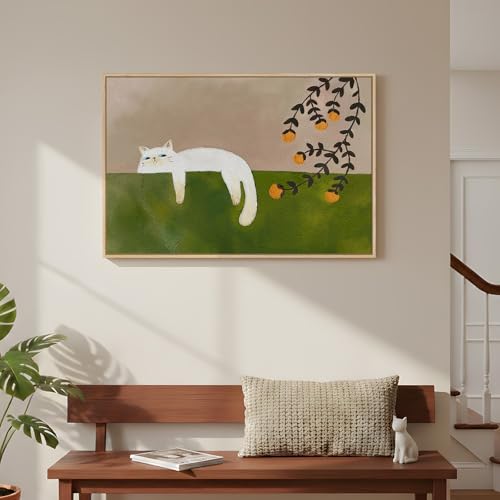 Framed Neutral and Green Wall Art for Bedroom Decor, Large Cozy Cat Canvas Painting Artwork for Room Walls, Green Picture ...