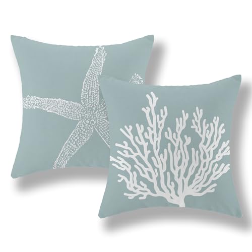 GOLIANDA Coastal Pillow Covers 18x18 Inch Set of 2 Blue Coral Starfish Throw Pillows Nautical Ocean Decorations Summer Lin...