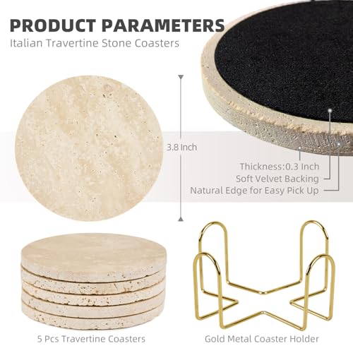 YONGHEE Italian Travertine Coasters Set of 5 with Holder, Round Beige Marble Drink Coasters for Coffee Table Decor Housewa...