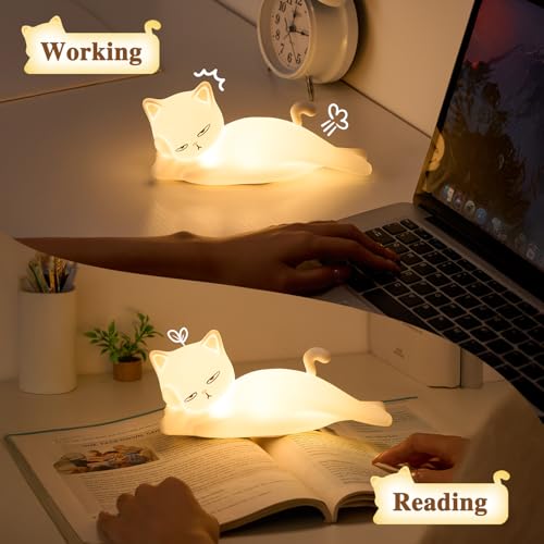 Lying Flat Cat Lamp Funny Gifts, 16 Colors+5 Dimming+Silicone Random Stuff, Touch+Remote+Recharge Night Light for Kids, Co...