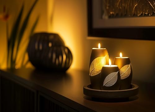 IYARA CRAFT Candle Holder Set with Tray – 3 Handmade Wood Tealight Holders, Black Leaf Design, Winter Home Décor, Spa-Insp...