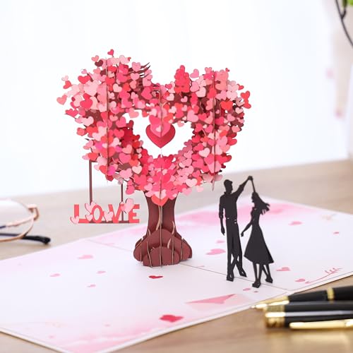Pop Up Anniversary Card, 3D Love Tree Hearts Couple Wedding Card for Her, Wife, Husband, Him, Couple; Ideal Gift for Weddi...