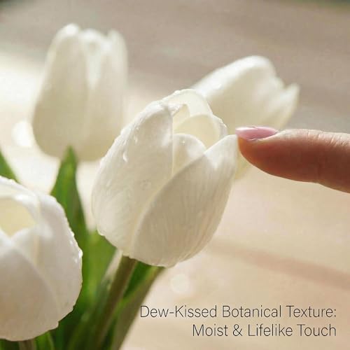 Mandy's White Artificial Tulips Flowers Centerpiece, 13.5" Lifelike PU Fake Floral Stems 20pcs for Kitchen Island & Dining...