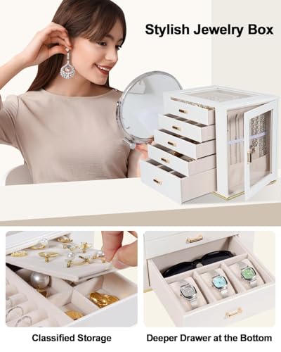 GUOER Jewelry Box 5 Layer for Women, Glass Lid Jewelry Organizer with 5 Drawers for Necklaces Rings Earrings Bracelets, Fu...