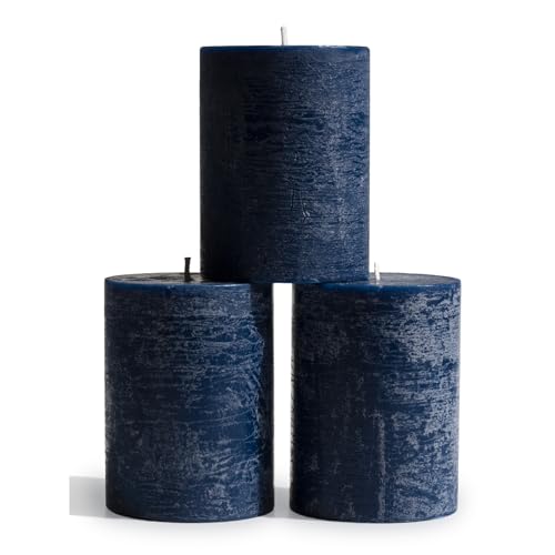 CANDWAX 3x4 inch Pillar Candles Set of 3 – Unscented Dripless Rustic Dark Blue Candles for Room Decor, Weddings, Centerpieces
