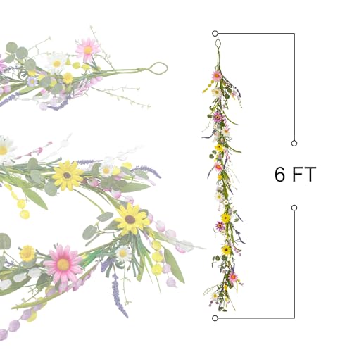 Yawwind Farmhouse Spring Garland 6 FT Vintage Spring Flower Garlands Summer Floral Garland Wildflower Garlands with Daisy ...