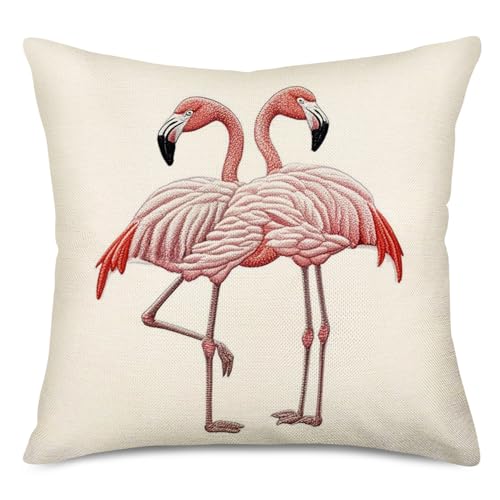 Qinqingo Throw Pillow Covers Embroidery-Like Style Cotton Linen Square Flamingo Throw Pillow Case Home Sofa Decorative Cus...