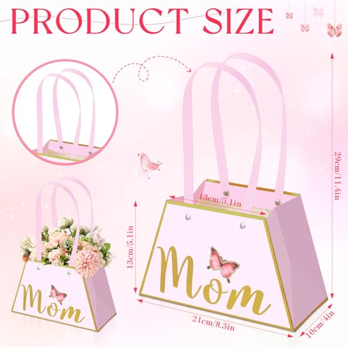 Tinlade 12 Pcs Mother's Day Flower Boxes for Arrangements with Handle Pink and Gold Mom Floral Bouquet Gift Bag Holder Wat...