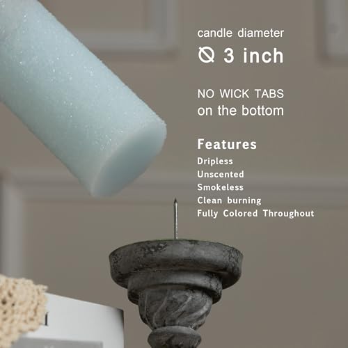 MOZEAL Hand-Poured Granular Texture Decorative Baby Blue Pillar Candles Set of 3 (3"x4", 5", 6"),Approx 300 Hours Burn Tim...