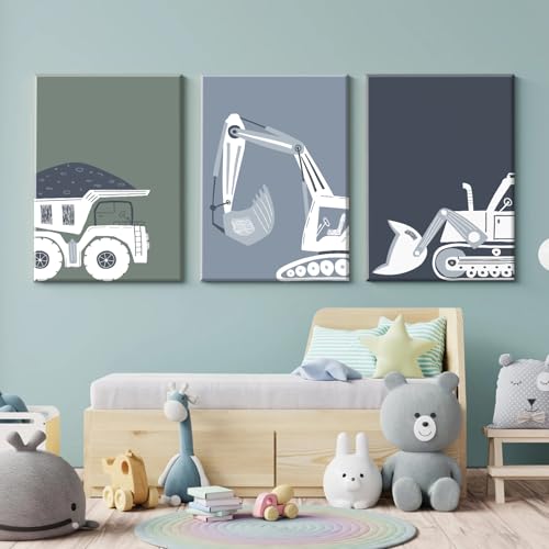 Construction Truck Wall Art Decor Toddler Boys Room Canvas Wall Art Tractor Vehicle Posters Dump Truck Wall Art Kids Bulld...