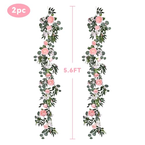 Lvydec 2 Pack Artificial Peony Flower Garland - 6ft Silk Peony Vine Willow Leaves and Eucalyptus Garland White Arch Flower...