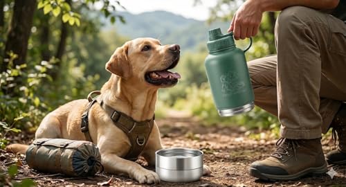 PuppiLovePets PuppiTravelBowl 3-in-1 Dog Travel Water Bottle – 32oz Insulated Aluminum Container with 2 Detachable Cups, L...