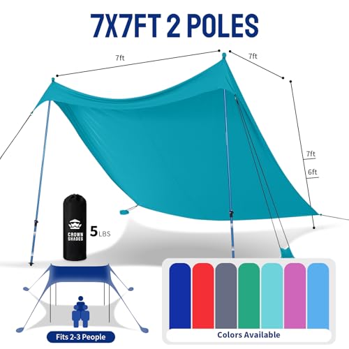CROWN SHADES 7x7 Beach Tent Sun Shelter, Easy Pop Up Beach Canopy Shade, Portable Outdoor Carpas UPF50+, Includes 2 Poles ...