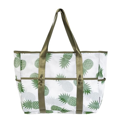 KUAK Mesh Beach Bag, Large Beach Tote with Top Zipper, 9 Pockets, Inner Waterproof Pocket for Family Pool Vacation Essentials