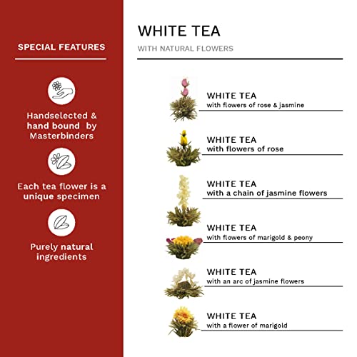 Creano Blooming Tea - Flowering Ball Gift Set in Stylish Wooden Box - 12 Pieces, White Tea