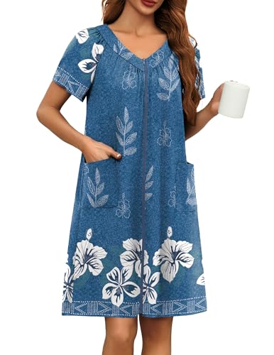 Ekouaer Women Robe Zipper Front Mumu Duster Robes Zip Up Housecoat Soft Sleepwear with Pockets