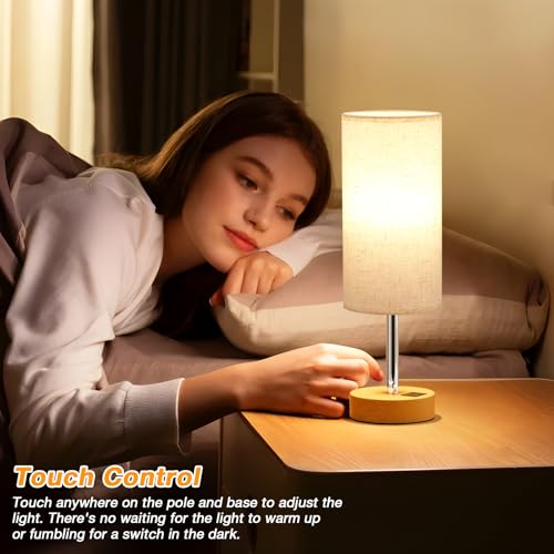 Dicoool Touch Bedside Table Lamp with USB - 3 Way Dimmable Wood Lamp for Bedroom Nightstand, Desk Lamp with Charging Stati...