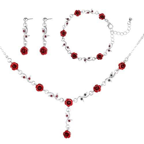 WJIAAA MBAIYO Red Rose Jewelry Set, 3Pcs Red Roses Flower Necklaces for Women Rose Dangle Necklace Bracelet Set Vintage Ea...
