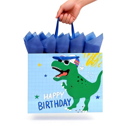 Joliloly 13" Happy Birthday Gift Bag, Dinosaur Print Sturdy Thick Paper Bag for Kids, Reusable Birthday Present Bag with T...
