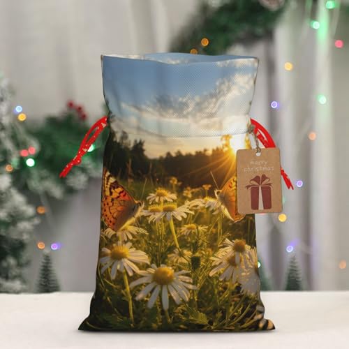 LHBZXMKJ Butterfly On Daisy Print Drawstring Present Bags Christmas gifts Wrapping Sacks Pouches for Xmas Party ﻿