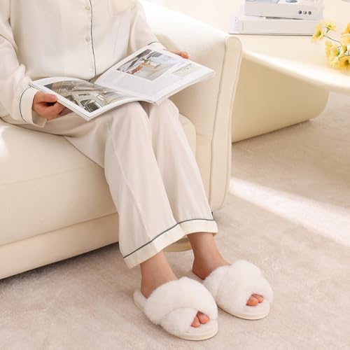 Evshine Women's Fuzzy Slippers Cross Band Memory Foam House Slippers Open Toe
