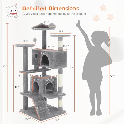 Sweetcrispy 54 Inch Cat Tree Tower, Multi-Level Tower with Cat Scratching Post, Indoor Cat Condo with Climbing Ladder, Plu...