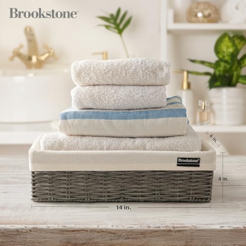 Brookstone Wicker Storage Basket Two Pack Set, Bathroom and Closet Organizers and Storage Bins with Fabric Liner, Grey