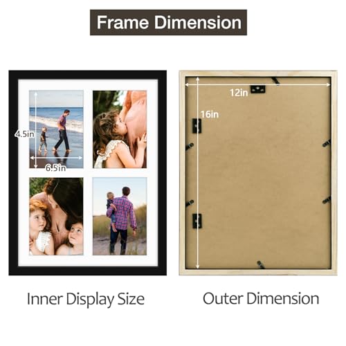 Golden State Art, 12x16 Black Wood Collage Picture Frame - Picture Frame with White Mat Displays Four 5x7 Photos - Collage...