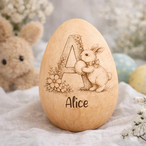 Personalized Wooden Easter Egg with Initial and Name, Custom Engraved Bunny & Floral Wood Egg, Unique Spring Holiday Gift ...