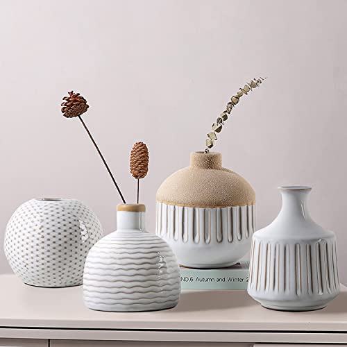 LIZOFER Boho Minimalist Small Ceramic Vase Set of 4 for Bedroom Living Room Office Fireplace Centerpiece Antique White Vin...